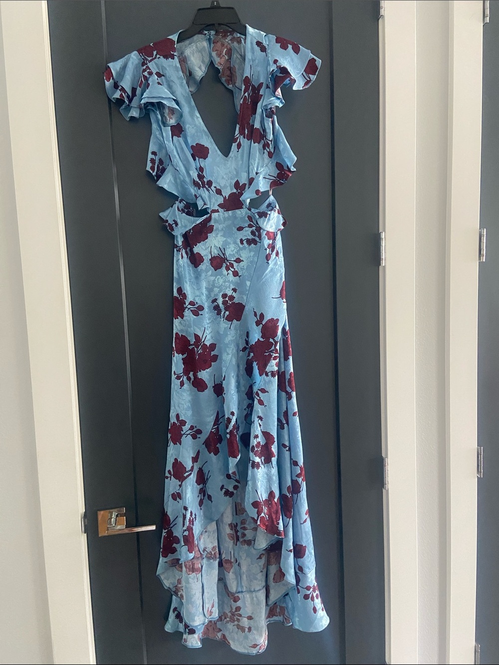 ASOS WEDDING GUEST Blue and Burgundy Floral High-Low Maxi Dress Size 4